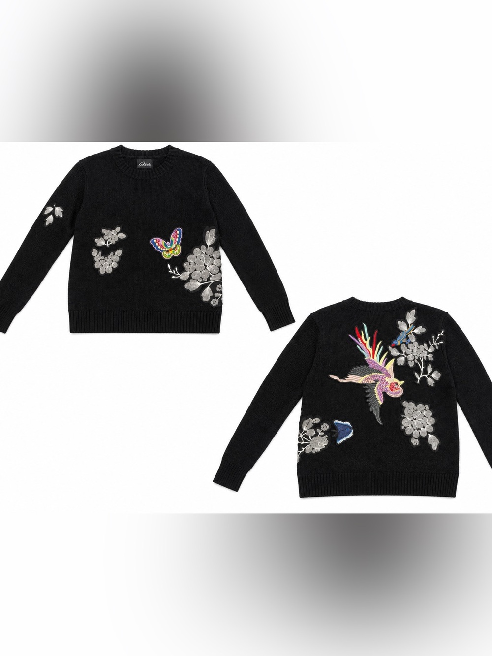 Embroidered Black Crewneck Sweater with Multicolor Motifs